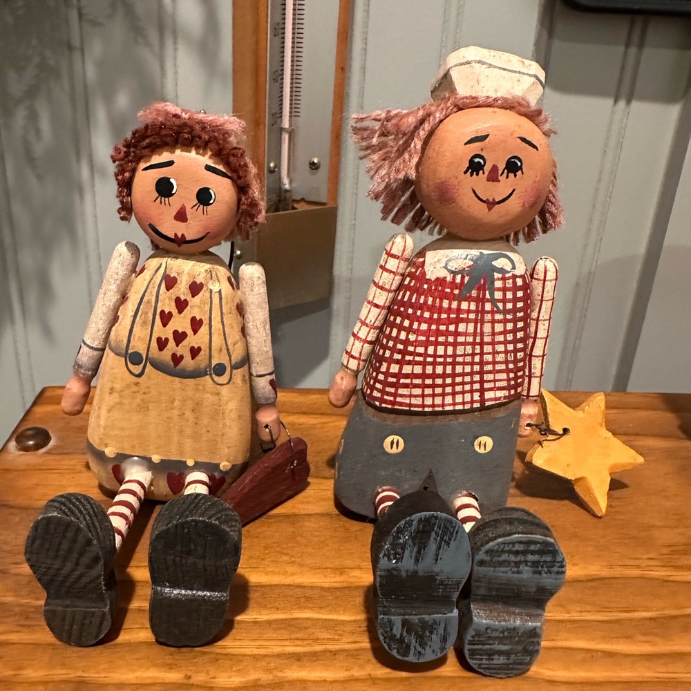 Charming Wooden Raggedy Ann and Andy Ornaments